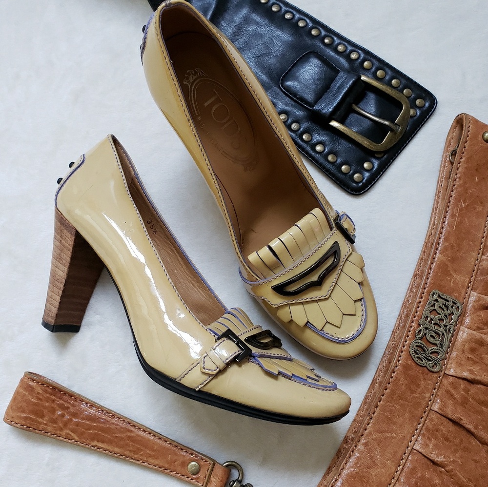 Tod's Italian patent leather wooden heeled shoes